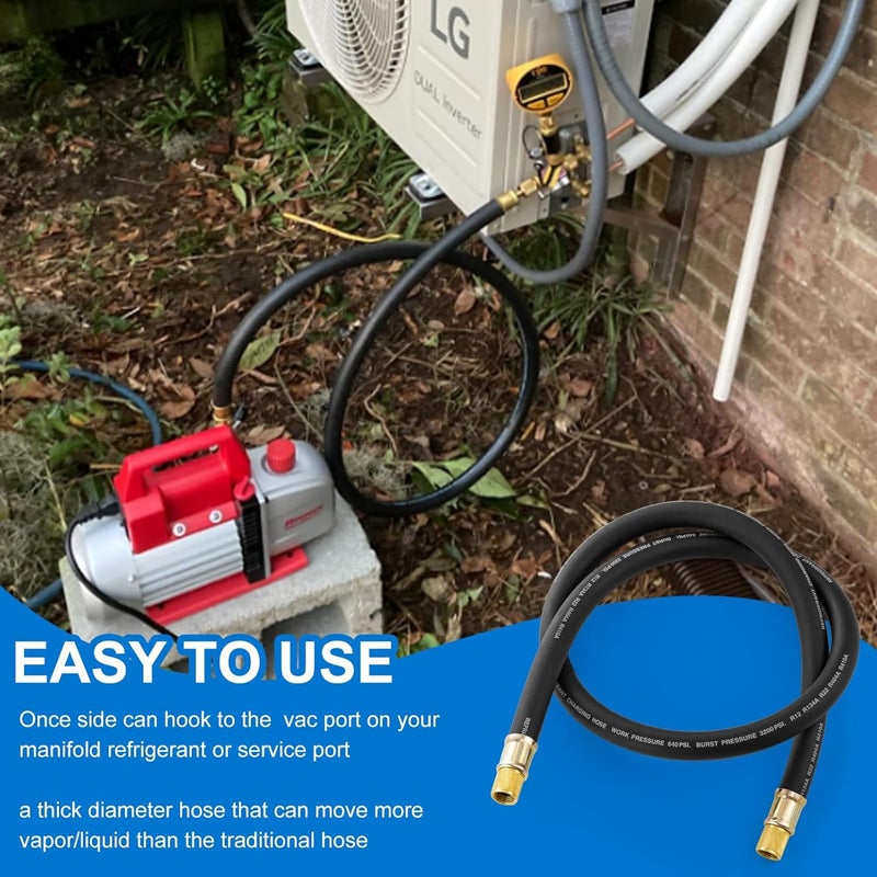 Tigbear 1/2" Vacuum Refrigerant Hose, High Flow HVAC Refrigerant Charging Hose 1/2 to 1/4 Flare for R410A R134A R407C R502 R12 R22 System, 640 PSI Working Pressure, 60 Inch Black AC Recharge - Image 5
